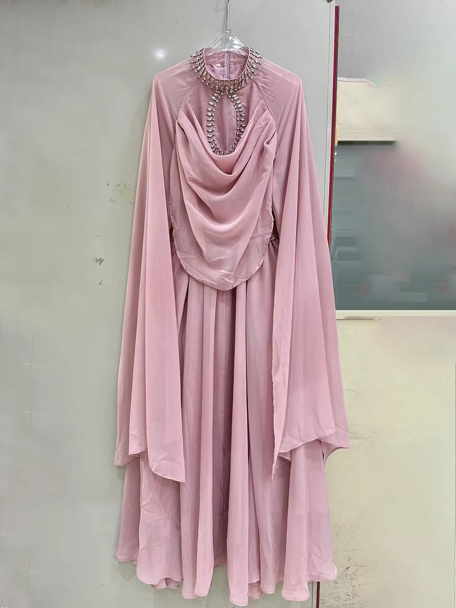 TWOTWINSTYLE Solid Loose Sheer Spliced Bead Elegant Dresses for Women High Neck Long Sleeves Patchwork Folds Dress Female New