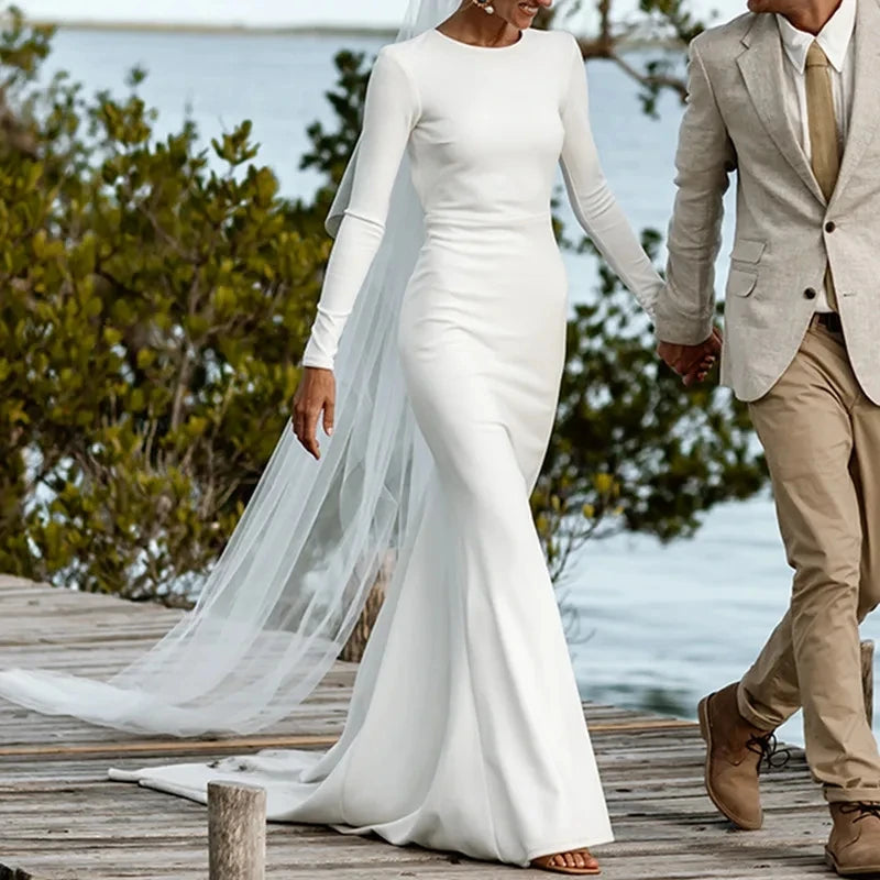 Vestido de noiva branco de sereia muçulmana simples O-pescoço de cetim macio com botão vestido de noiva de manga longa Trem vestido de novia