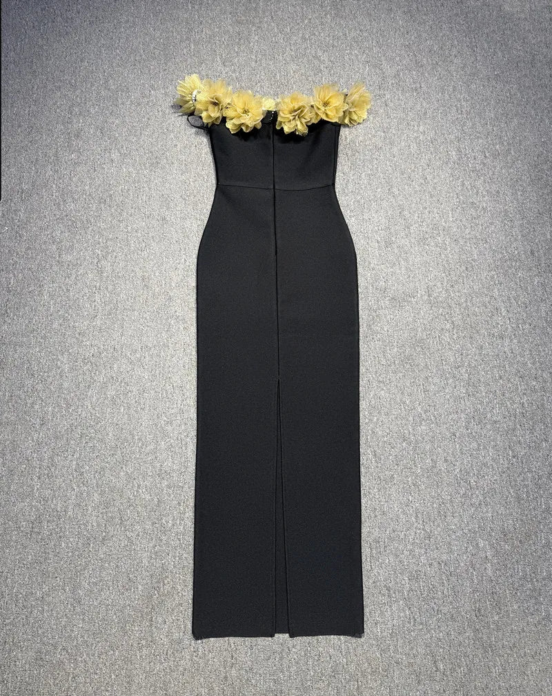 Gold Florals Women Sexy Slash Neck Off the Shoulder Bodycon Bandage Long Dress Celebrate Nightclub Party Birthday Wear