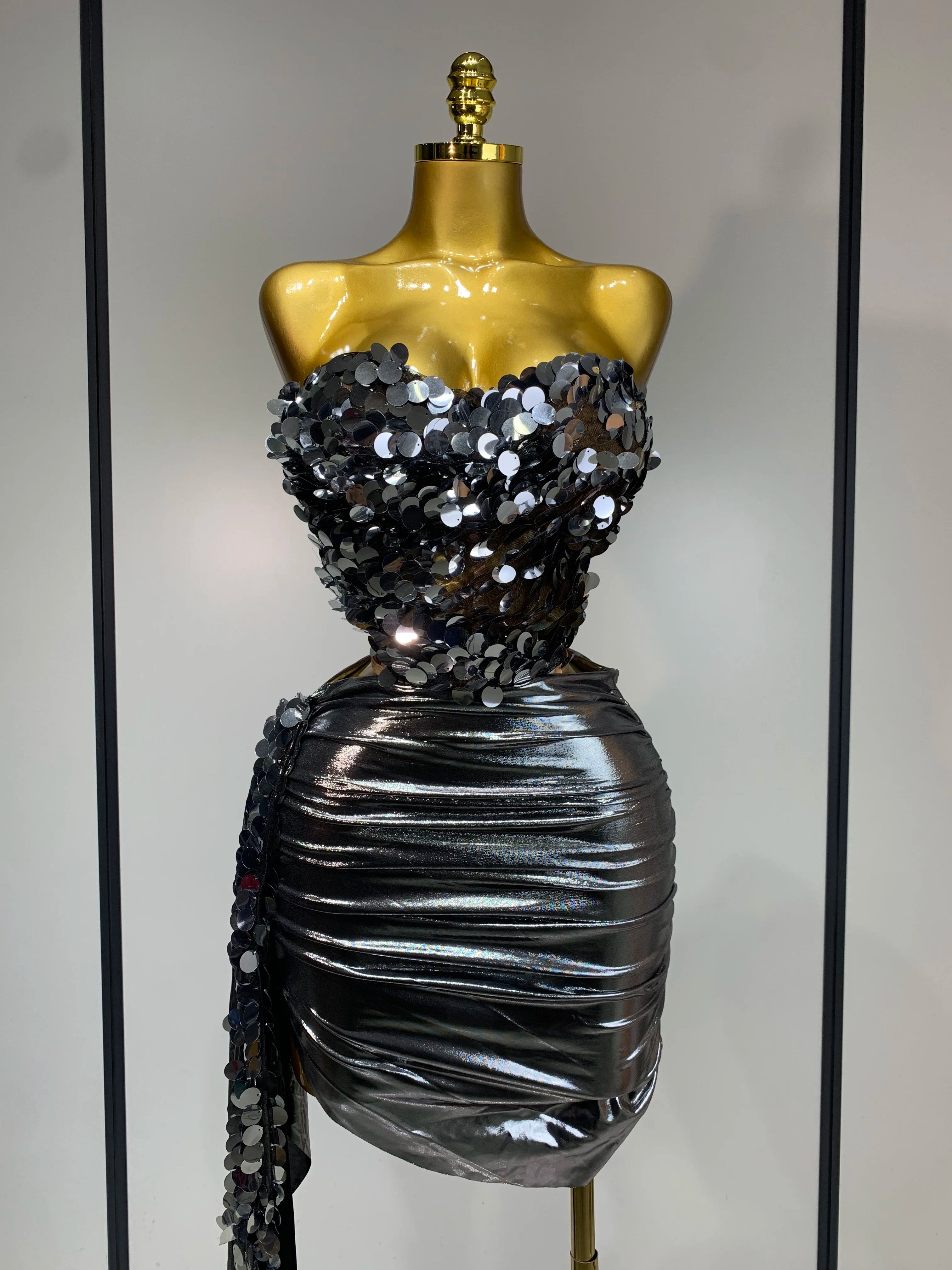 Women Sexy Strapless Sequin Glitter Two Pieces Set Celebirty Elegant Luxury Birthday Evening Party Nightclub Singer Stage Outfit