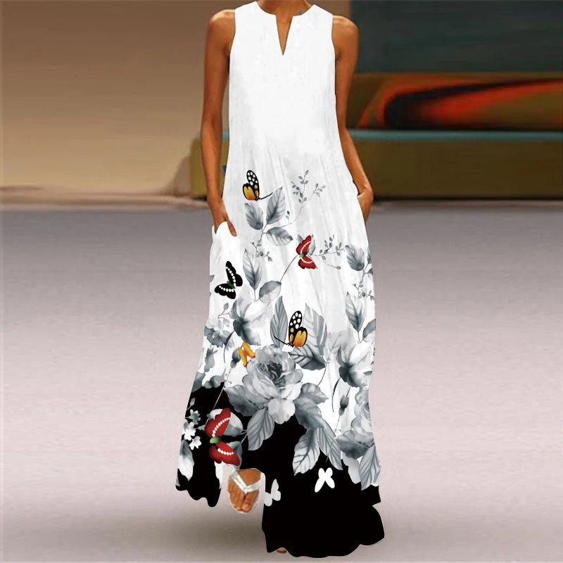 Fashionable Women's Hollow V-neck Maxi Dress Fresh Flower Print Sleeveless Loose Straight Beach Seaside Vacation Long Dress