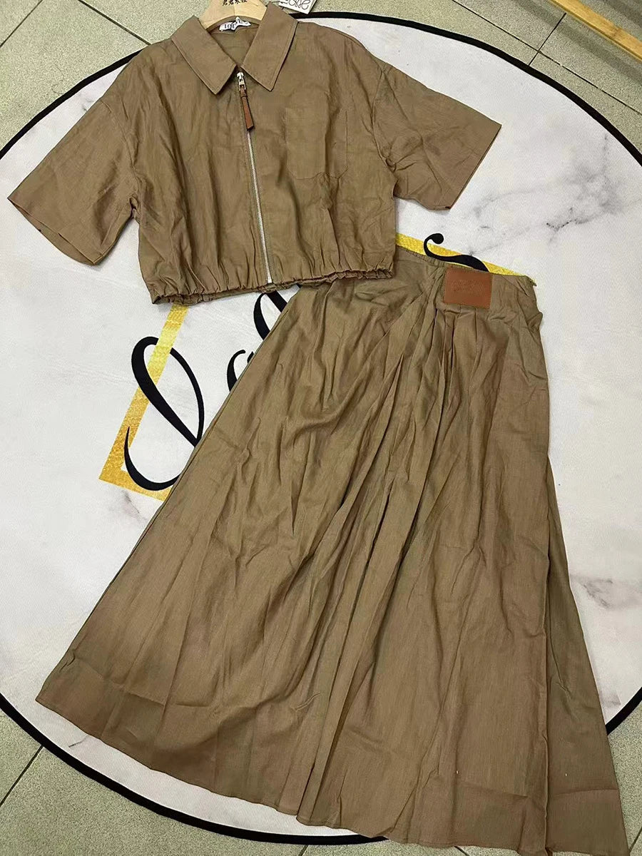 TWOTWINSTYLE Solid Causal Two Piece Sets for Women Lapel Short Sleeves Spliced Zipper Top High Waist Skirt Set Female Fashion