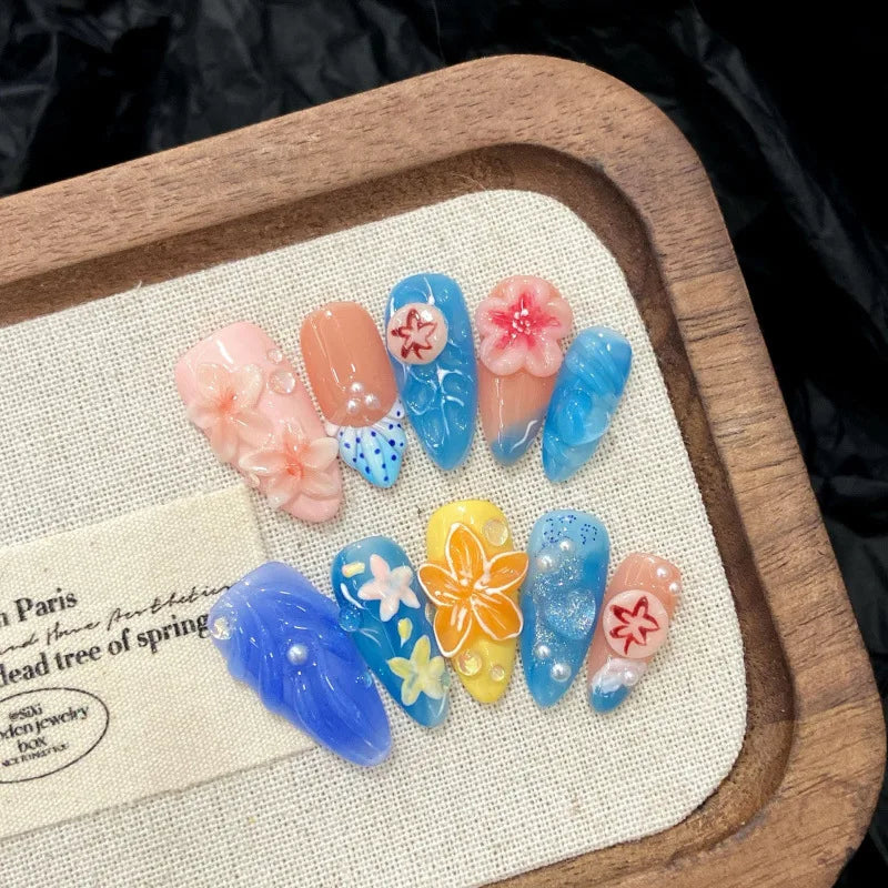 10Pcs Mid-length Almond French Handmade Fake Nails Color 3D Flowers Design Art Summer Fresh Gradient Manicure Tool for Hot Girls