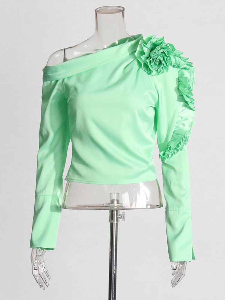 TWOTWINSTYLE Patchwork Appliques Asymmetrical Blouse For Women Diagonal Collar Long Sleeve Solid Pullover Shirts Female Fashion