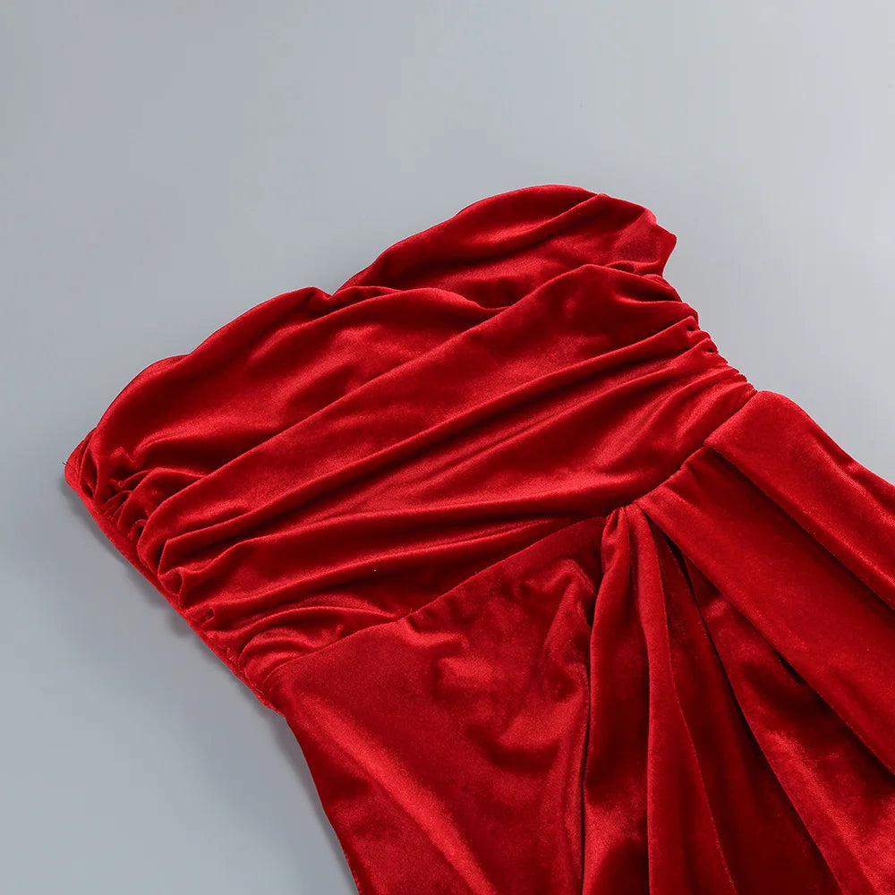 Red Color Women Sexy Strapless High Split Velvet Bodycon Long Dress Celebrate Fashion Mermaid Cocktail Party Outfit