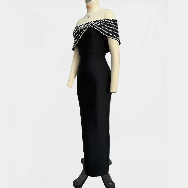 Black Color Women Sexy Slash Neck Shinning Crystal Bodycon Long Bandage Dress Elegant Evening Party Cocktail Red Carpet Dress
