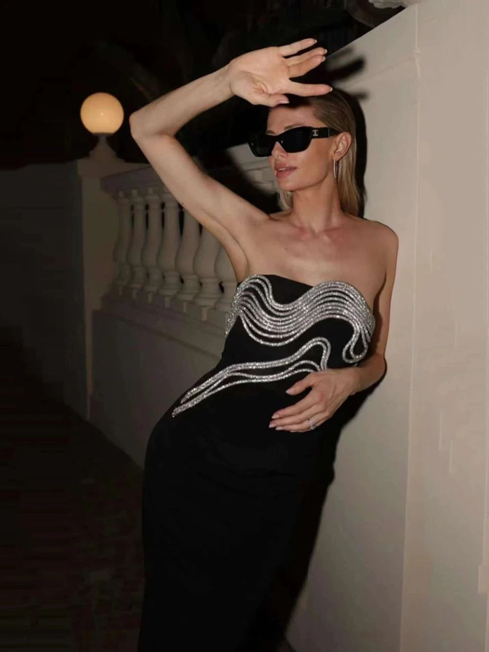 Women Celebrity Sexy Strapless Backless Diamonds Black Maxi Long Bodycon Bandage Dress Elegant Evening Club Party Dress