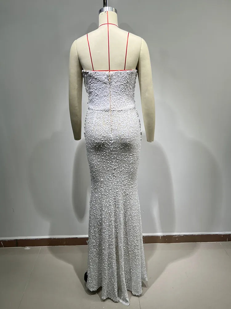 Women Luxury Sexy Strapless Backless Pearl Sequins Maxi Long Beige Gowns Dress Elegant Evening Party Club Dress Vestido