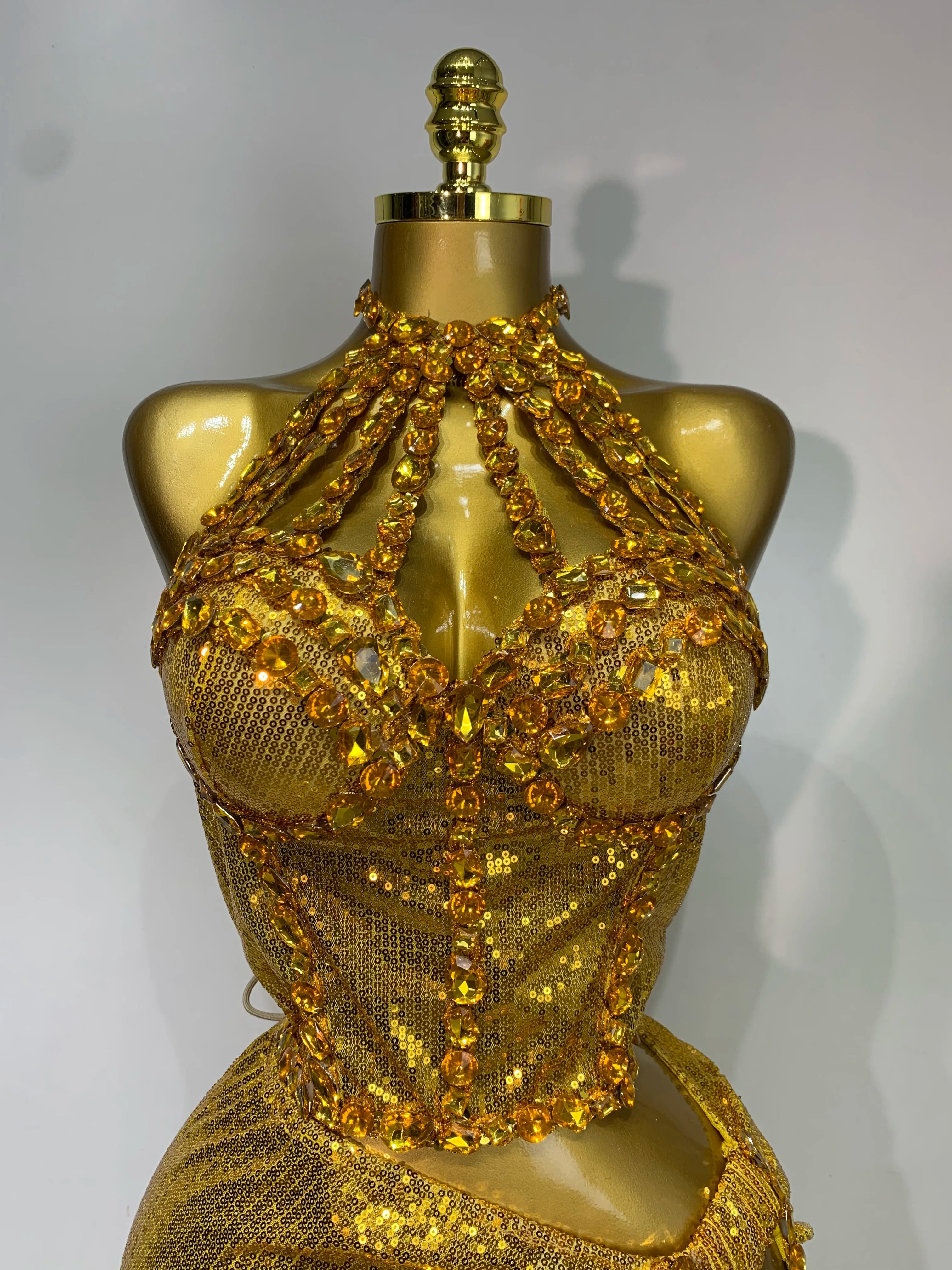 Women Sparkly Gold Rhinestones Top Long Skirt Two Pieces Set Singer Dancer Performance Costume Nightclub Luxury Birthday Dress