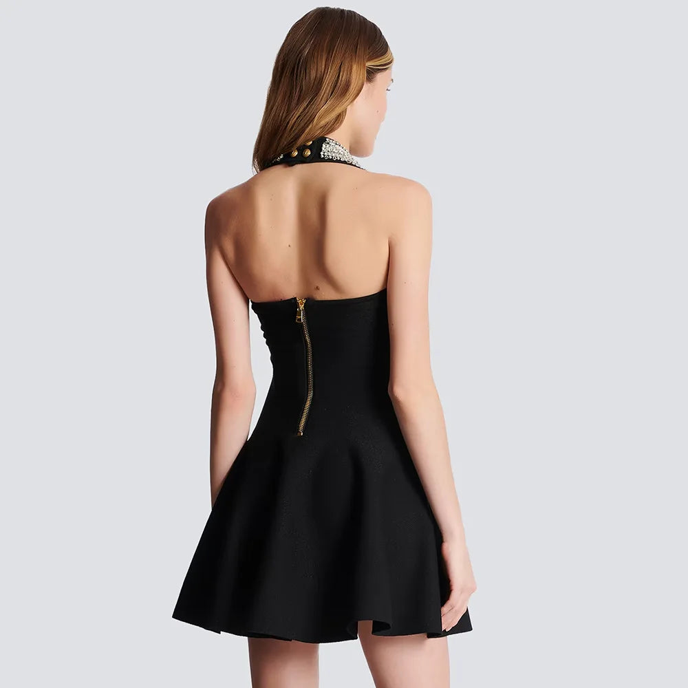 Black  Women Sexy Halter Shinning Sequins Off the Shoulder A-Line Mini Bandage Dress Celebrate Evening Party Red Carpet Wear