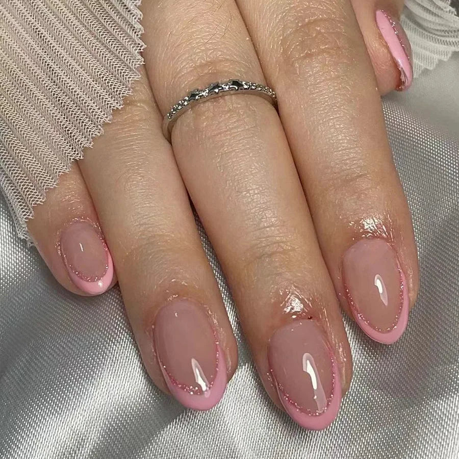 24Pcs Simple Almond Fake Nails Art with Glue Nude Color French Press on False Nails Black Stripes Design Wearable Oval Nail Tips