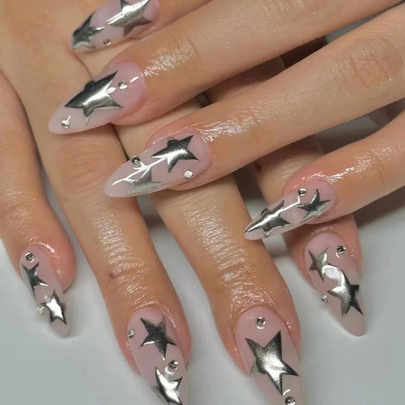24Pcs Almond Press on Nails Y2K Star Diamond Designs for Cool Girls Nude Color Fake Nails for Women Full Cover False Nail Tips