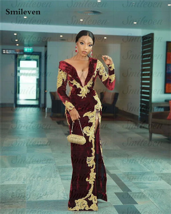 Burgundy Long Sleeve Caftan Evening Dresses Velvet Elegant Karakou Side Split Prom Dresses Lace Evening Party Gowns