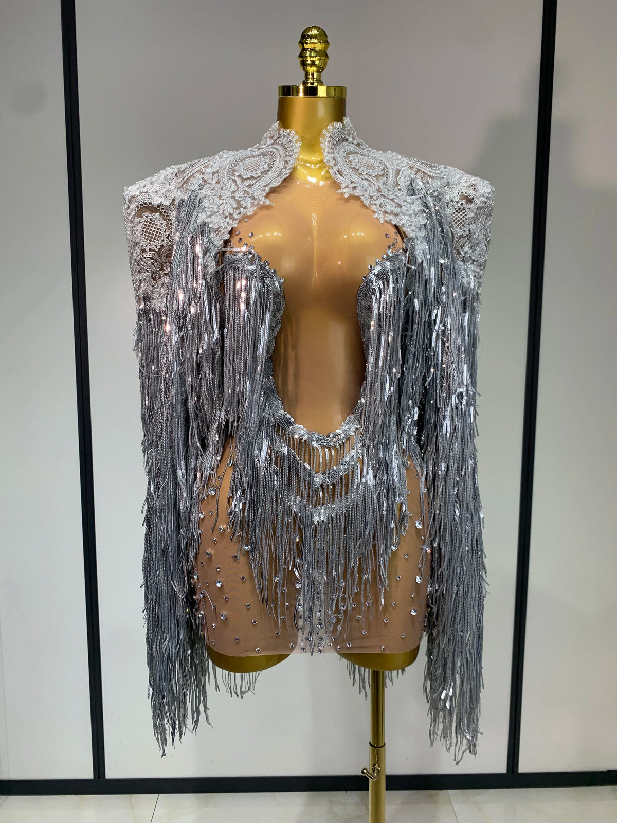 Women Sexy Transparent Long Sleeve Bodycon Dress Two Piece Set Luxury Sequin Fringes Evening Party Celebrity Performance Costume