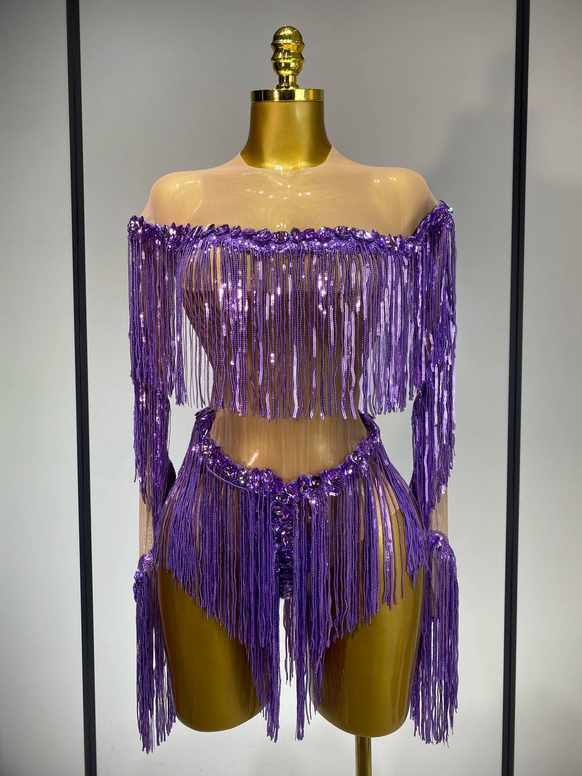 Sparkly Tassel Rhinestones Long Sleeves Sexy Stretch Mesh See Through Bodysuit Women Nightclub Stage Singer Perform Costume