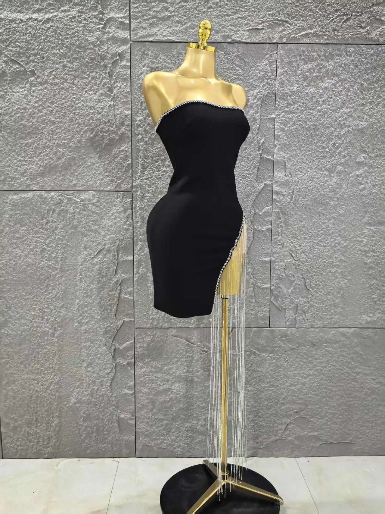 High Quality Women Sexy Strapless Diamond Chain Bodycon Mini Bandage Dress Celebrate Nightclub Party Birthday Cocktail Outfit