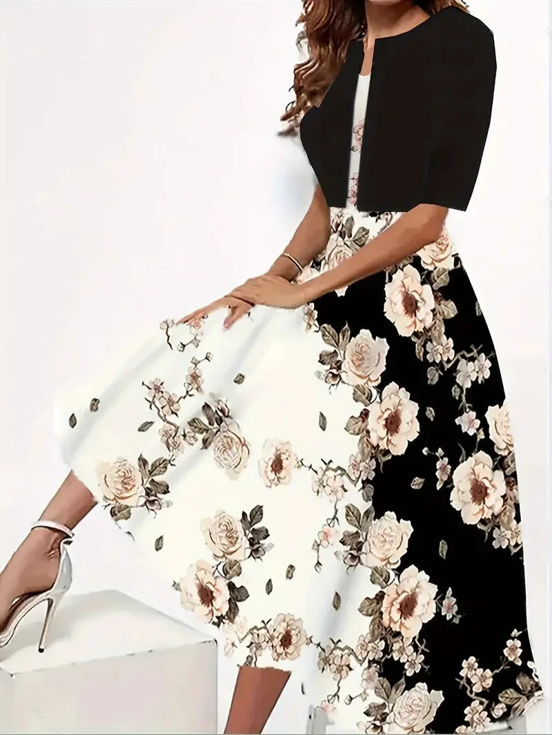 2025 autumn new women's long crewneck printed dress short needle two-piece cardigan short coat