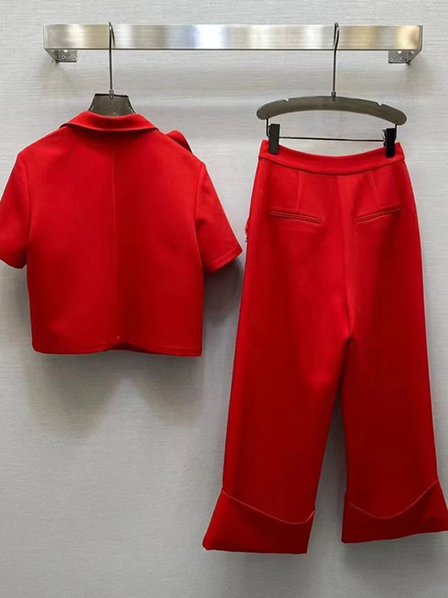 TWOTWINSTYLE Solid Elegant Two Piece Sets for Women Lapel Short Sleeve Spliced 3D Flower Top High Waist Wide Leg Pant Set Female
