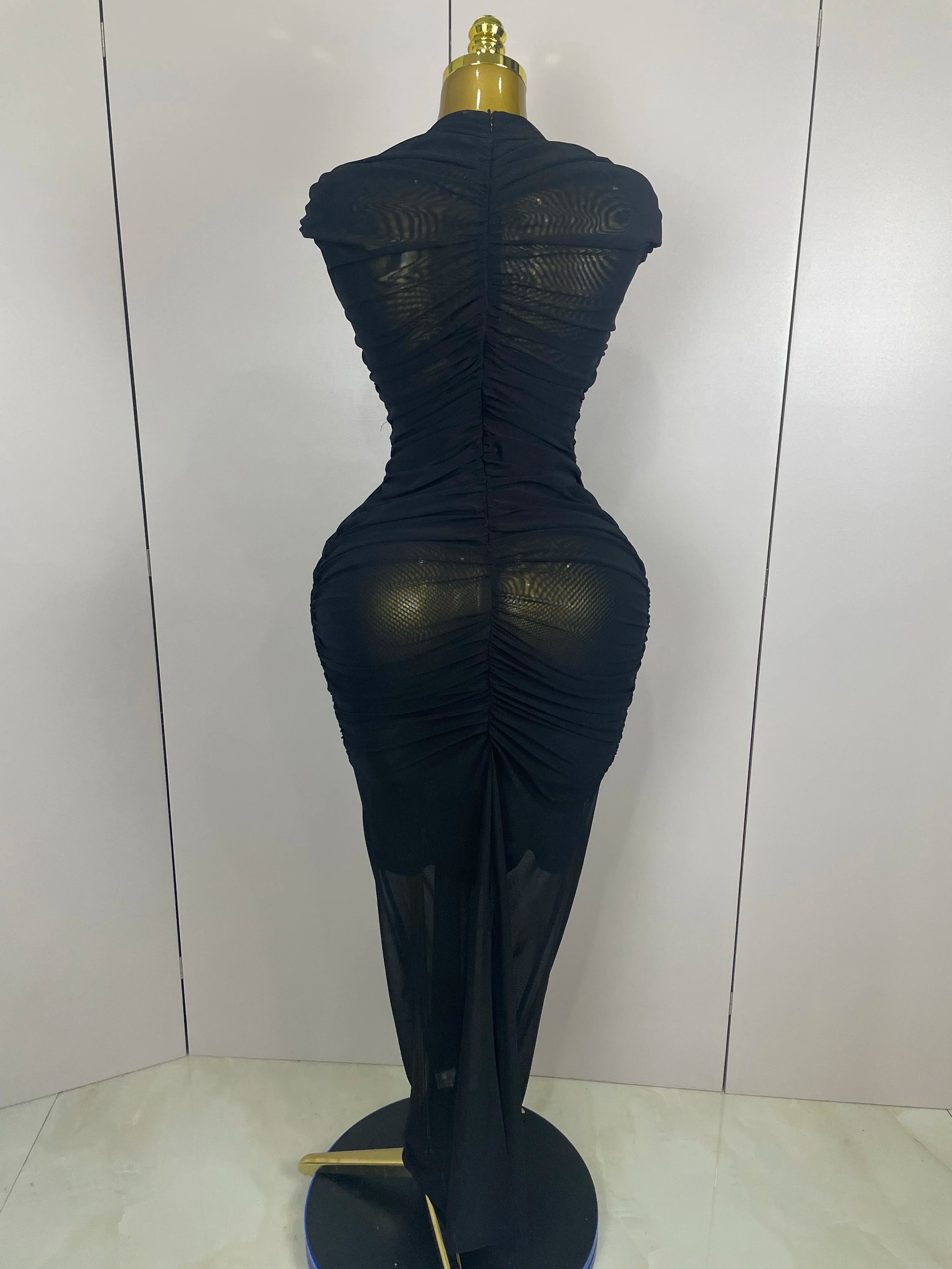 Sexy Sleeveless O-Neck Bodycon Mesh Long Dress 2025 Women Hollow Out Celebrate Fashion Show Celebrity Evening Party Club Dress
