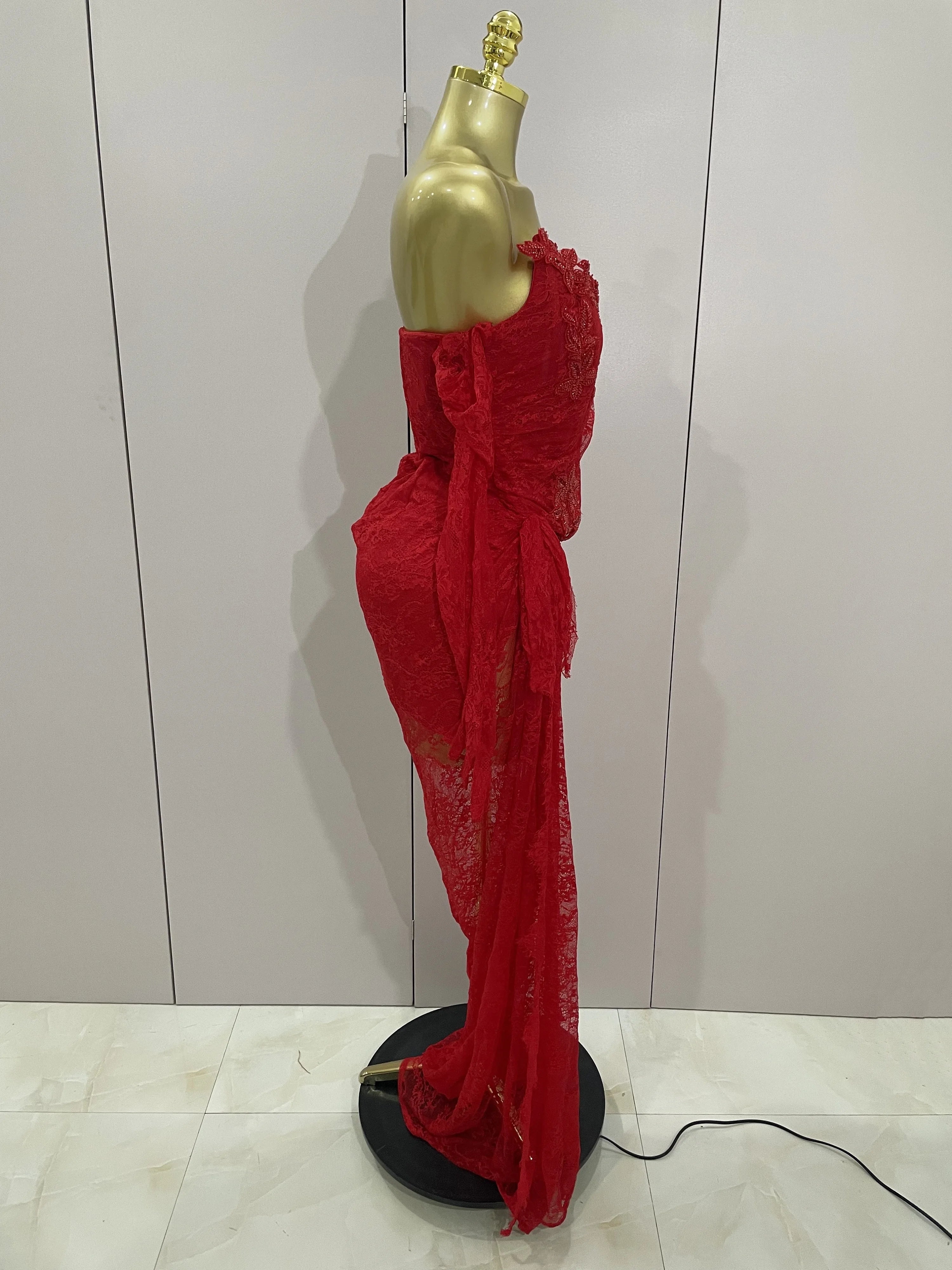 Women Sexy Strapless Backless Red Lace Split Maxi Long Bodycon Dress 2025 Celebrity Elegant Evening Club Birthday Party Outfit
