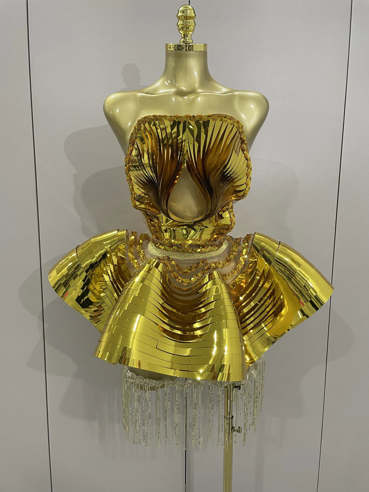 STOCK Shiny Gold Mirrors Sexy 2 Pieces Mini Dress 2025 Women Celebrate Birthday Party Performance Stage Costume Festival Wear