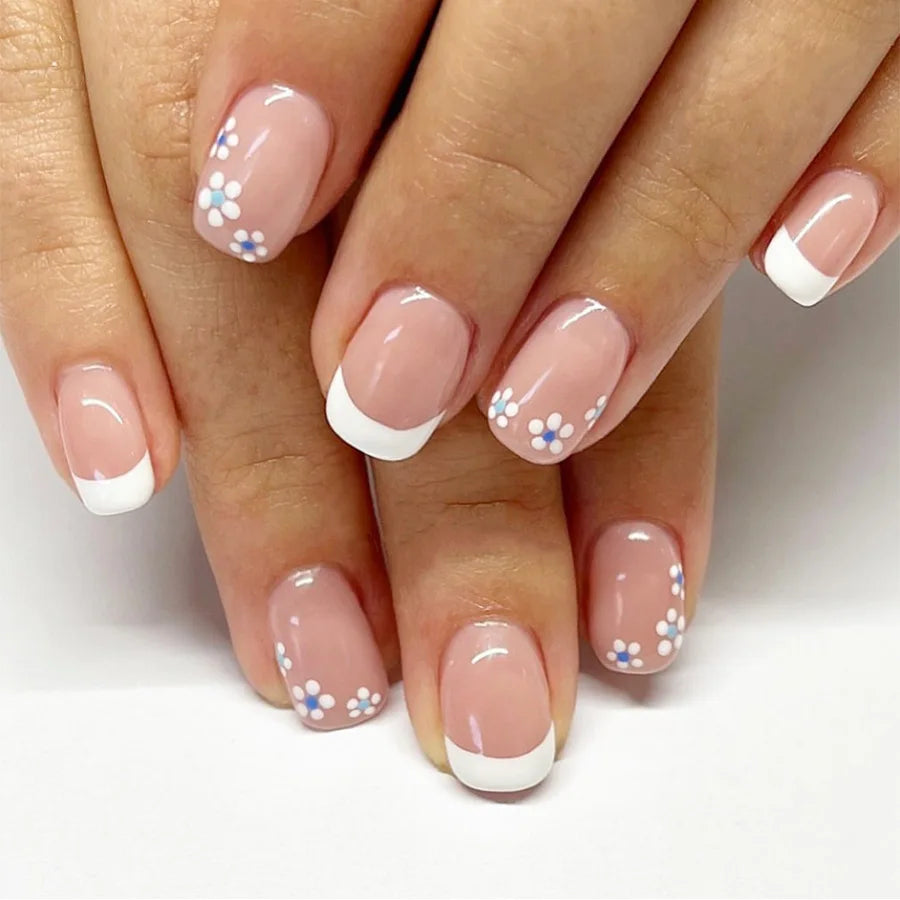 24Pcs Short Pink Fake Nail with Flowers Gold Foil Design Square French Ballet False Nails Wearable Finished Press on Nails Tools