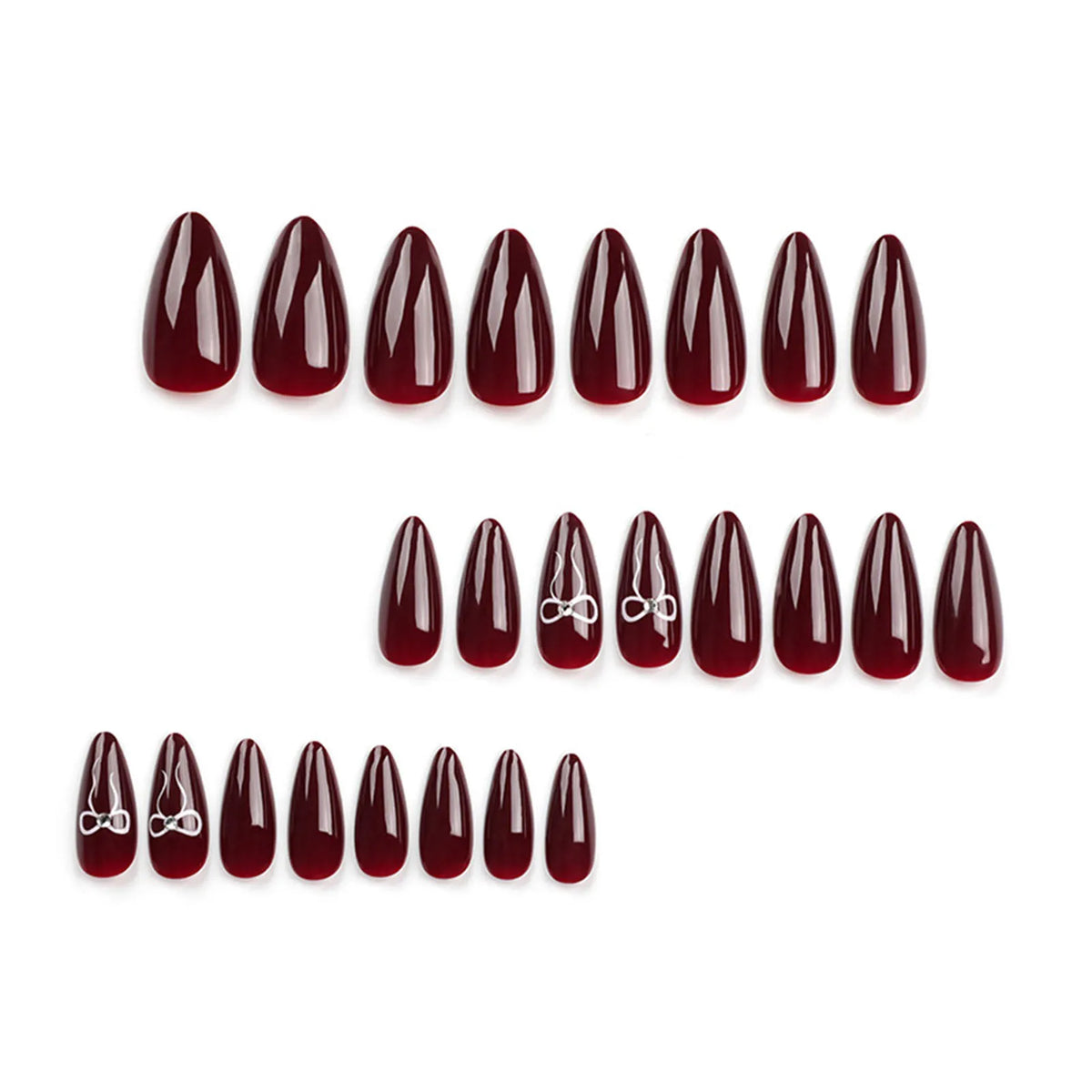 Wine Red Almond Fake Nails Women Valentine's Day Charm Manicure 24Pcs New Year Party Press On Nails Bowknot Printed Nails Art