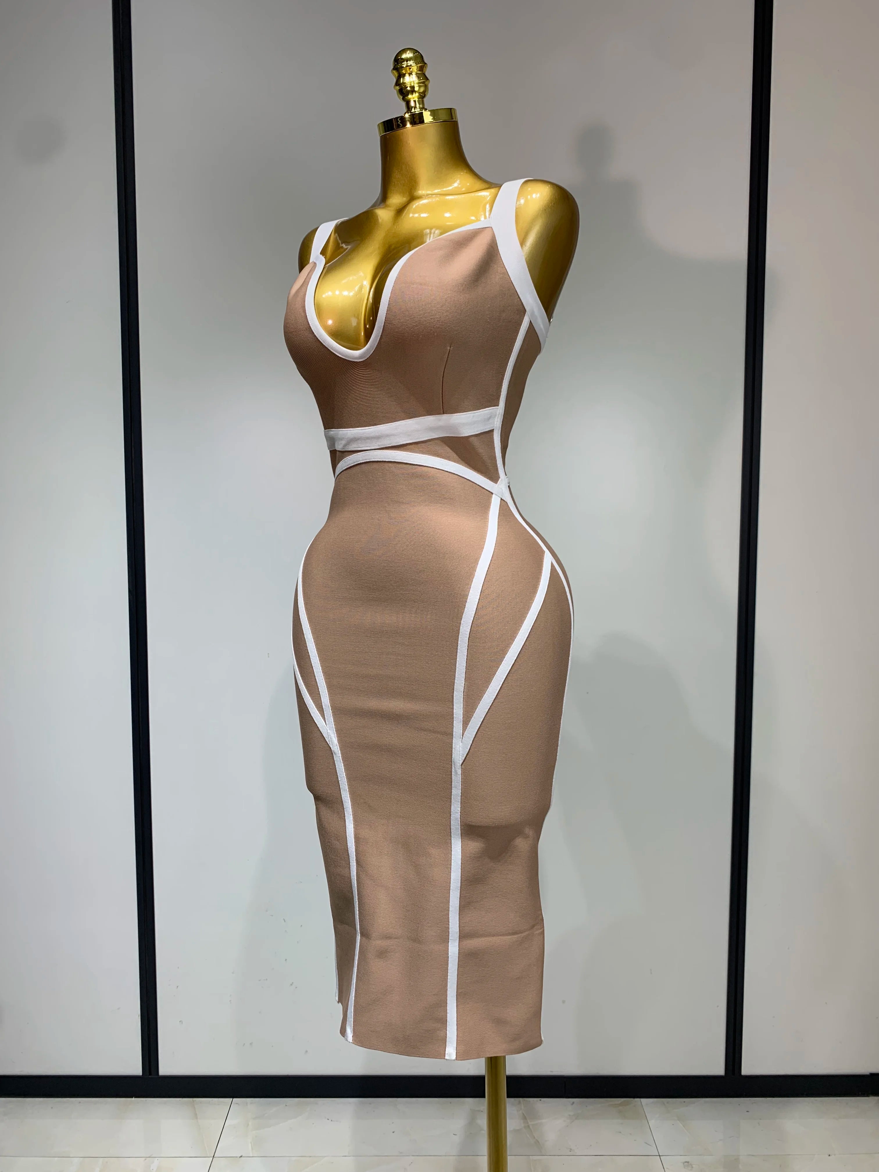 Women Sexy V Neck Striped Midi Bandage Bodycon Dress 2025 Celebrity Elegant Evening Club Party Luxury Birthday Outfit