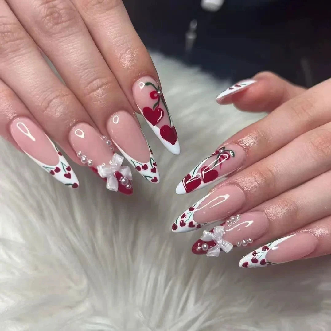 Artificial Press on Nails Tips Art 24Pcs Pink Almond False Nails Butterfly Ballet with French Design Wearable Fake Nails Simple