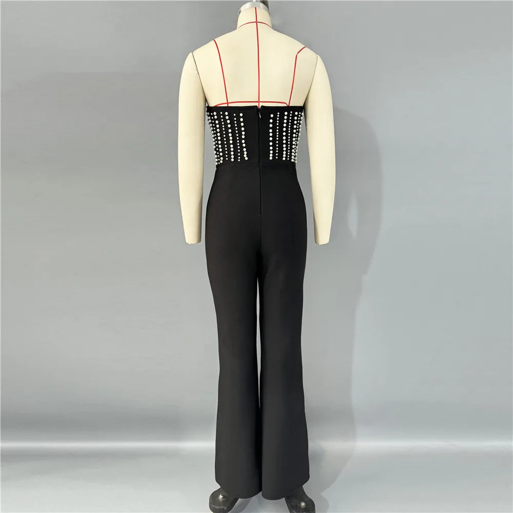 Top Quality Women Sexy Strapless Shinning Pearl Beading Bodycon Long Bandage Jumpsuit Celebrate Evening Party Birthday Wear