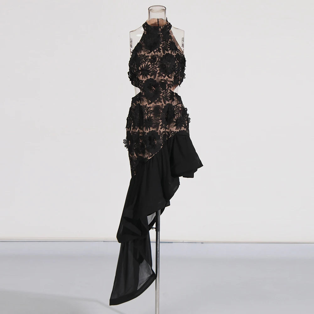 TWOTWINSTYLE Asymmetrical Hollow Out Dresses For Women Round Neck Sleeveless High Waist Embroidery Slimming Dress Female Style
