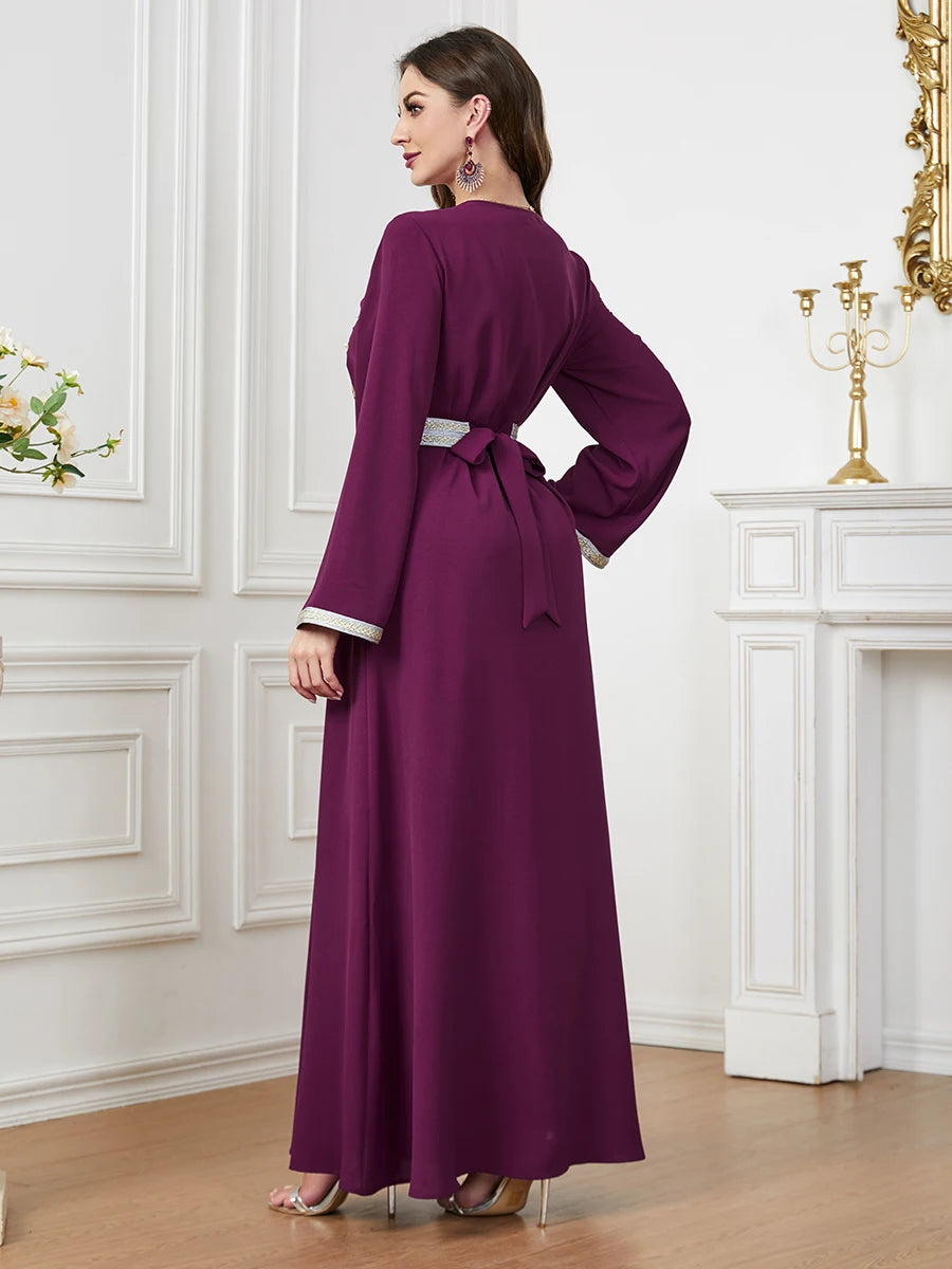 Abayas etnica di moda per ricamo solido femmina musulmano perline per perline per tunica a V Tunica Morocco Dubai Abbigliamento Dubai