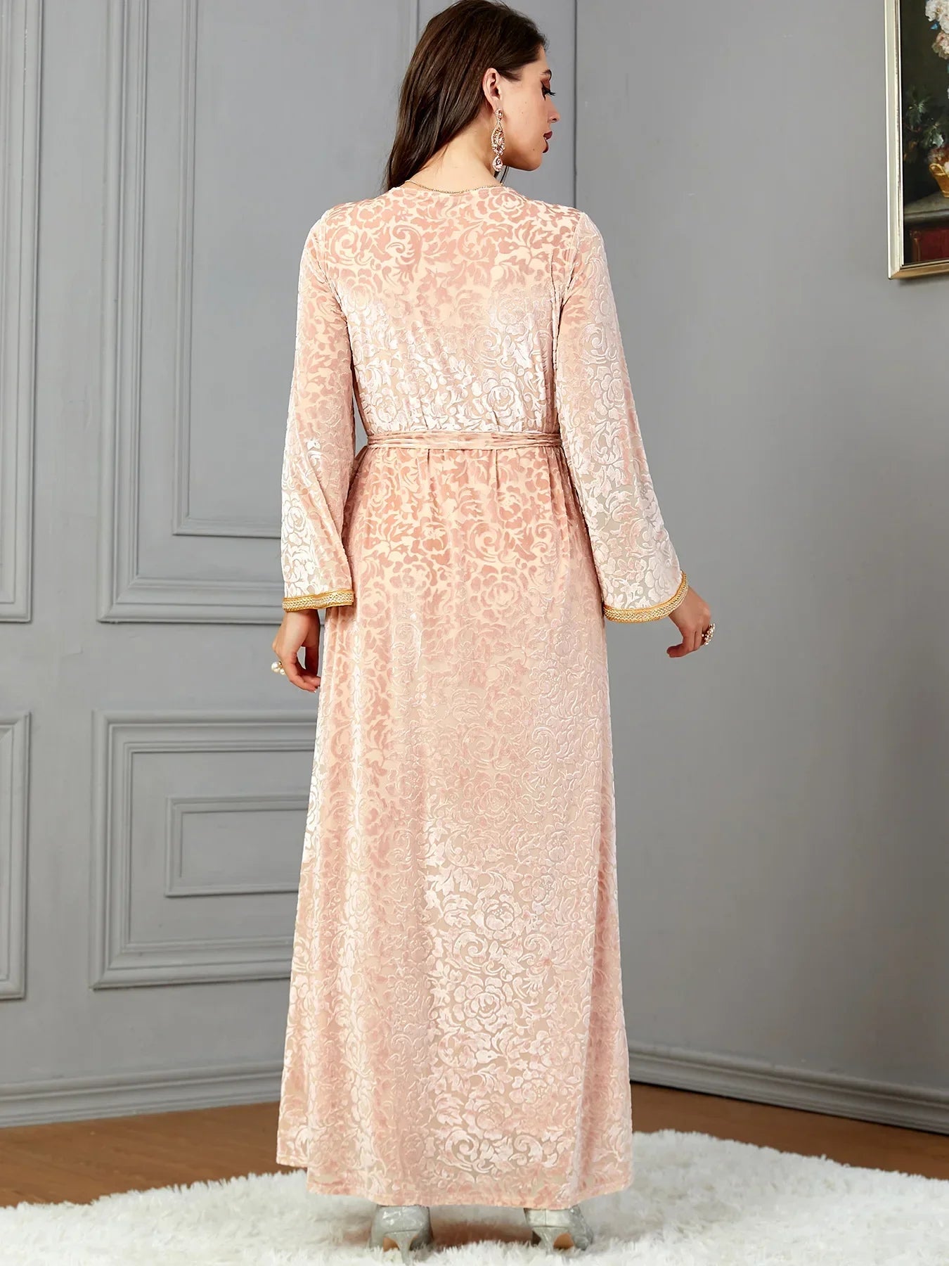 Robe de soirée en velours avec ceinture pour femmes, Jalabiyat, Caftan marocain, tenue musulmane saoudienne, automne hiver, dubaï