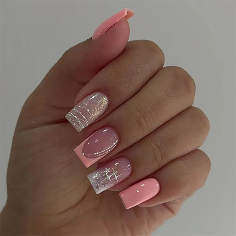 24Pcs Short Square Press on Fake Nails with French Stripe Pink Glitter Nail Set Art Finished Wearable Full Cover False Nail Tips