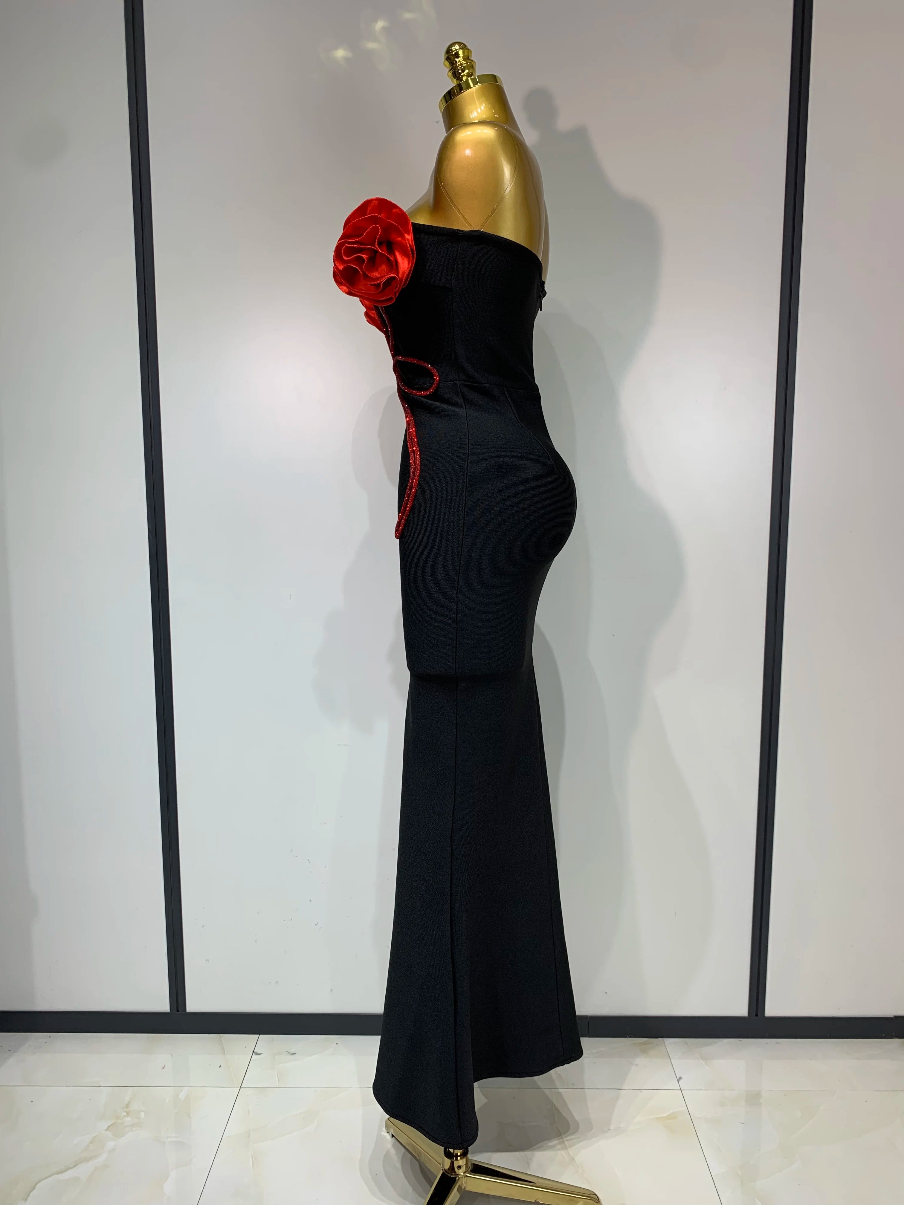 Sexy Strapless Flower Appliques Sexy Diamond Bodycon Bandage Mermaid Dress Celebrity Evening Runway Party Club Birthday Dress