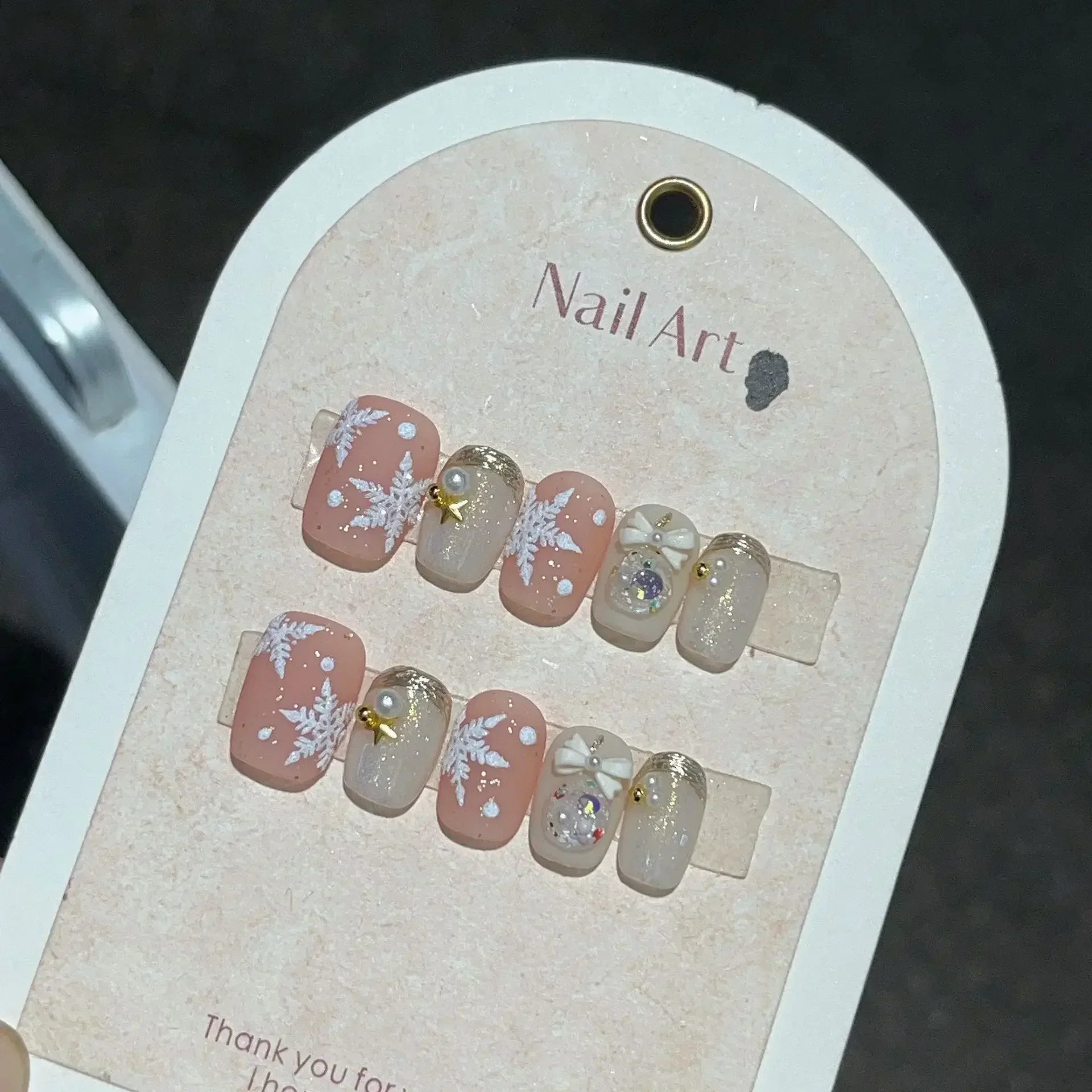 10Pcs Short Squoval Christmas Bow Handmade Press on Fake Nails Cute Gel Nail with Glue Snowflake French False Nail Manicure Tips