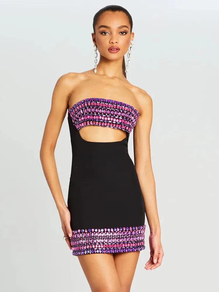 Women Celebrity Luxury Sexy Strapless Backless Pearl Cut Out Black Bodycon Bandage Dress Elegant Evening Club Party Outfit
