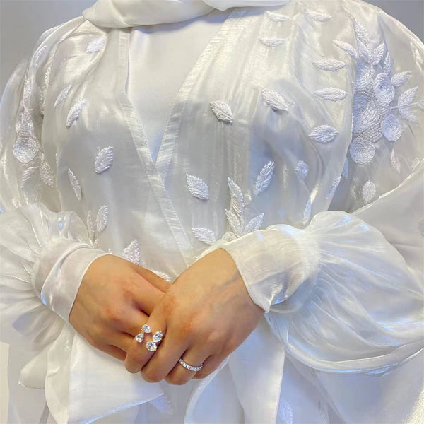 White Embroidery Shiny Women Muslim Open Abaya Maxi Dress Turkey Kaftan Dubai Saudi Eid Ramadan Kimono Puff Sleeve Gown Jalabiya