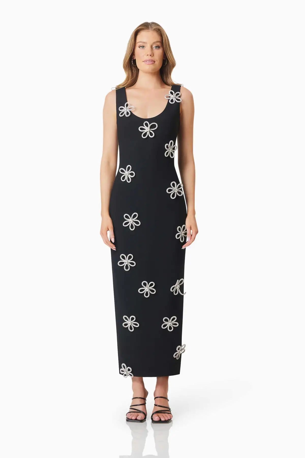 New Arrival Women Sleeveless Sexy O-Neck Diamond Flowers Bodycon Long Bandage Dress Celebrate Evening Party Office Lady Outfit
