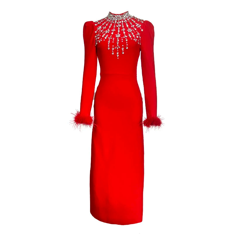 2025 Black Red Color Women Long Sleeve Shinning Crystals Long Maxi Dress Celebrate Elegant Evening Party Outfit Vestido