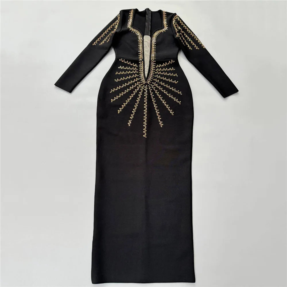 High Quality Women Long Sleeve Shinning Gloden Rhinestones Bodycon Long Bandage Dress Nightclub Party Celebrate Outfit