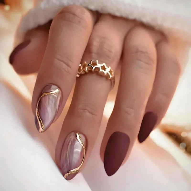 24Pcs Autumn Winter Matte Almond False Nails with Glue Rose Leaf Printing Nail Art Simple Full Cover Press on Acrylic Nails Tips