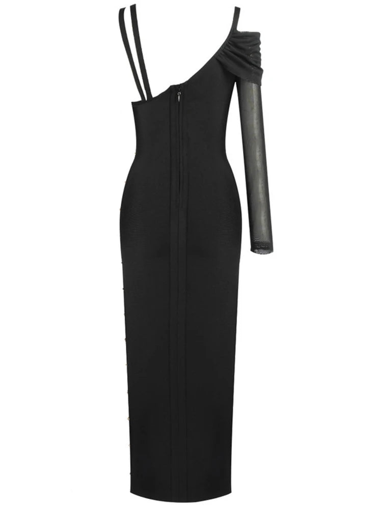 TWOTWINSTYLE Patchwork Paper Clip Dress For Women Diagonal Collar One Shoulder Sleeve High Waist Split Designer Dresses Female