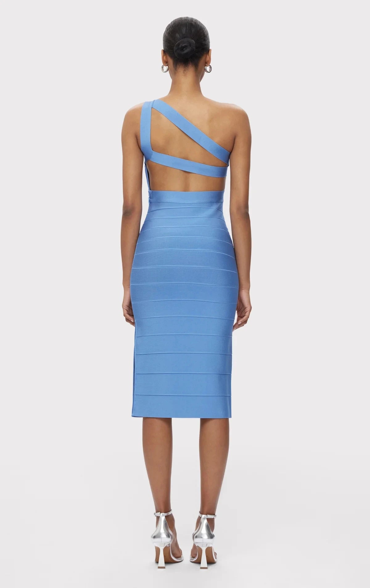 Skyblue Color Women Sexy One Shoulder Backless Bodycon Bandage Mid-calf Dress Celebrate Evening Party Cocktail Outfit Vestido