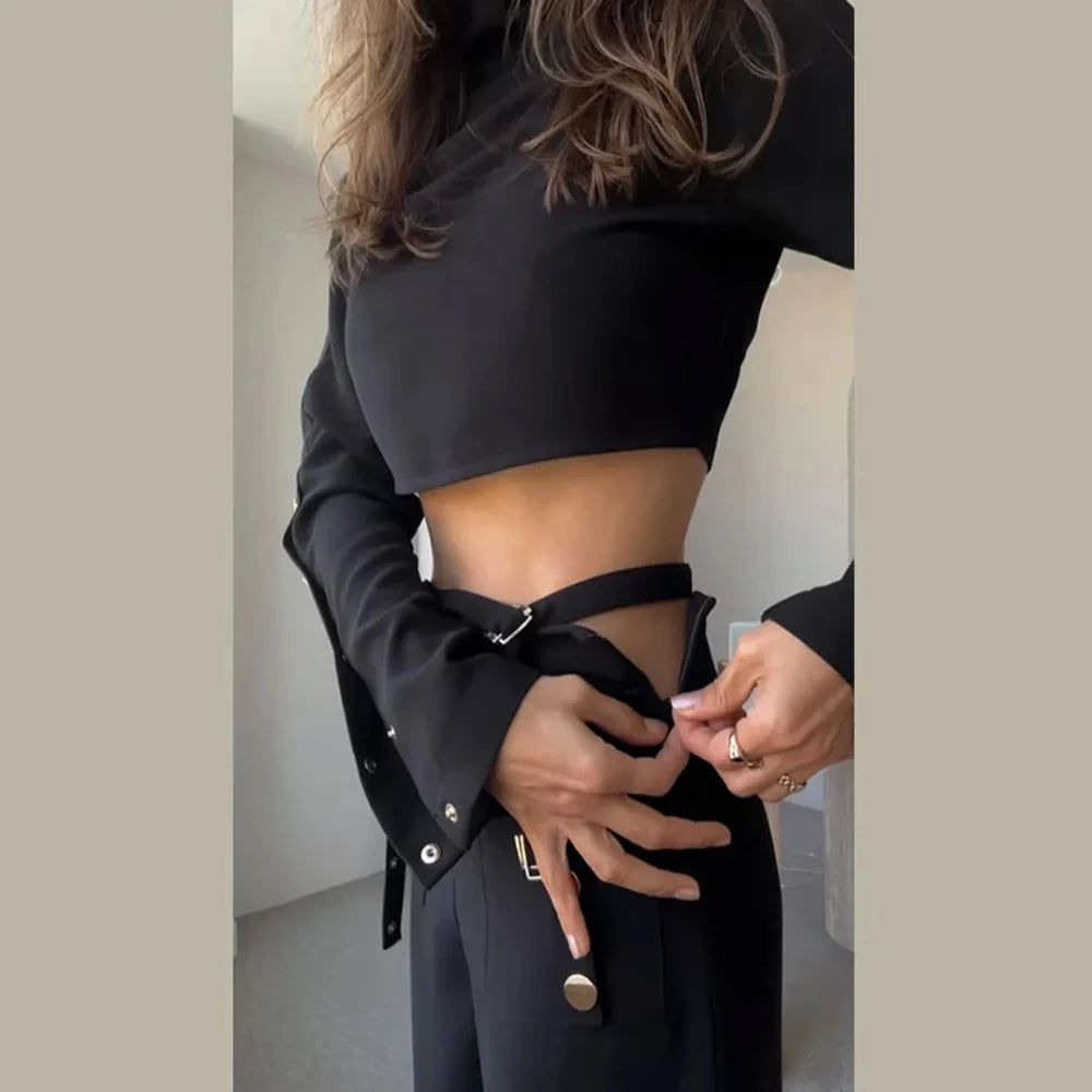 TWOTWINSTYLE Streetwear Two Piece Set For Women Stand Collar Long Sleeve Top High Waist Pant Wide Leg Pant Chic Sets Female New