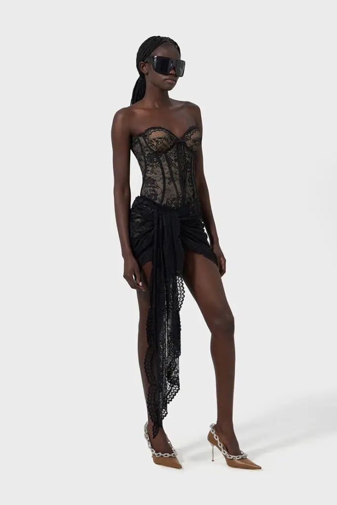 Celebrity Red Carpet Performance Stage Wear Women Sexy Lace Strapless Bodycon Mini Draped Dress Nightclub Party Wear