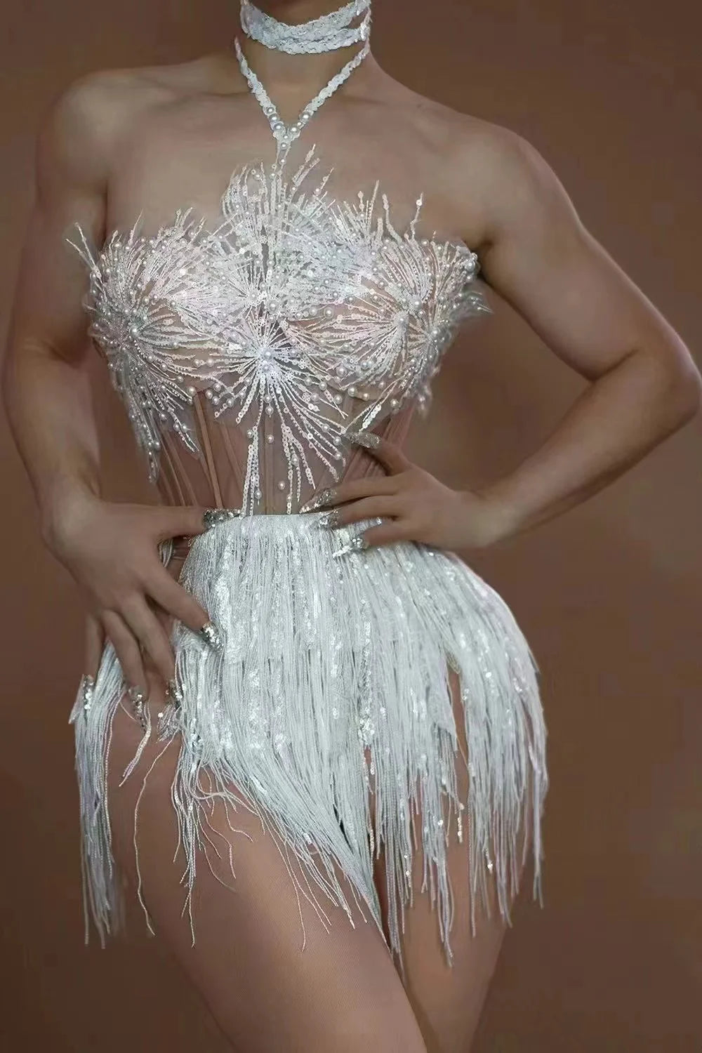 STOCK Women Sexy Off the Shoulder Shinning Sequins Tassels Bodycon Mini Dress 2 Pieces Celebrate Nightclub Performance Costume