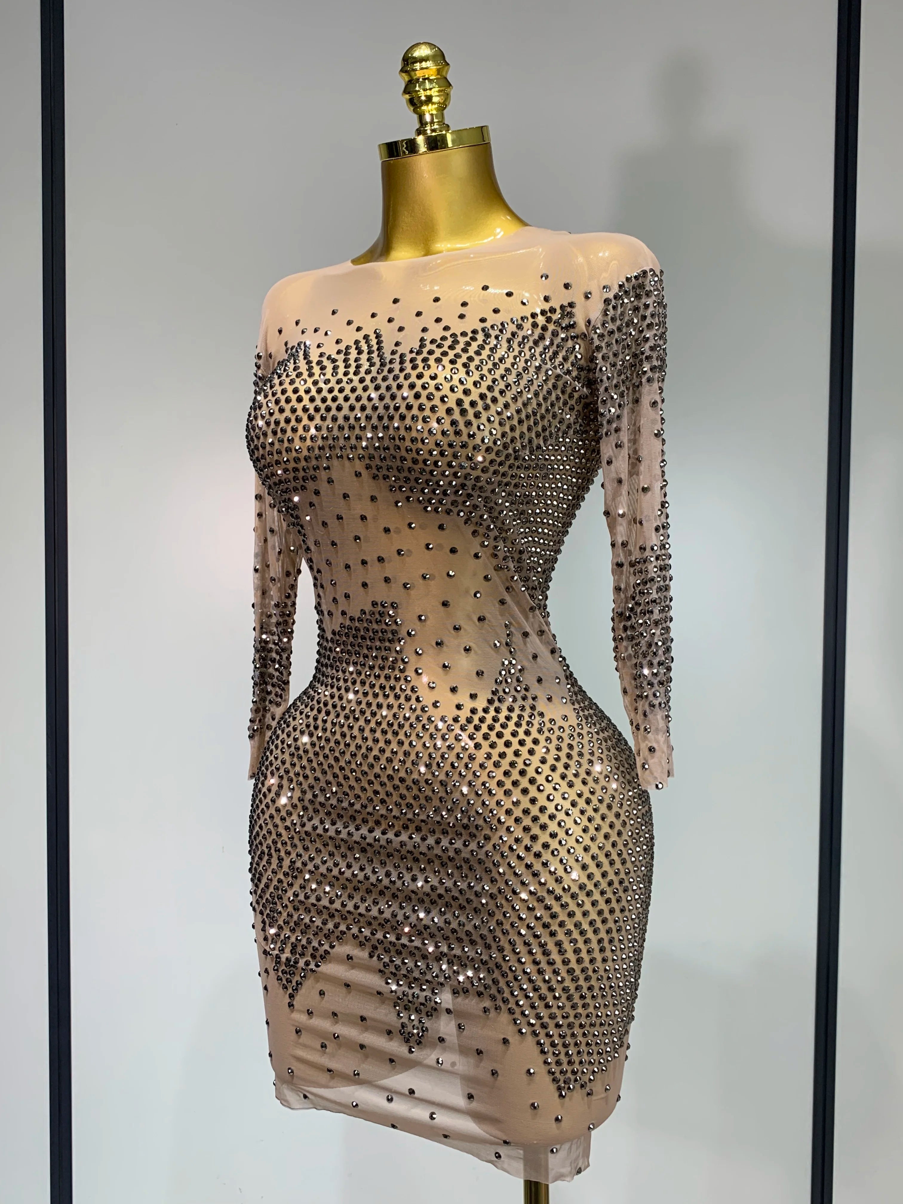 Luxury Birthday Rhinestones Half Sleeve Transparent Mini Dress Women 2025 Sexy Mesh Stretch Performance Celebrity Stage Wear
