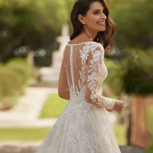 Exquisitos vestidos de novia con cuello en V para mujer ilusión espalda vestido de novia apliques A-Line Hochzeitskleider Damen Große größe 