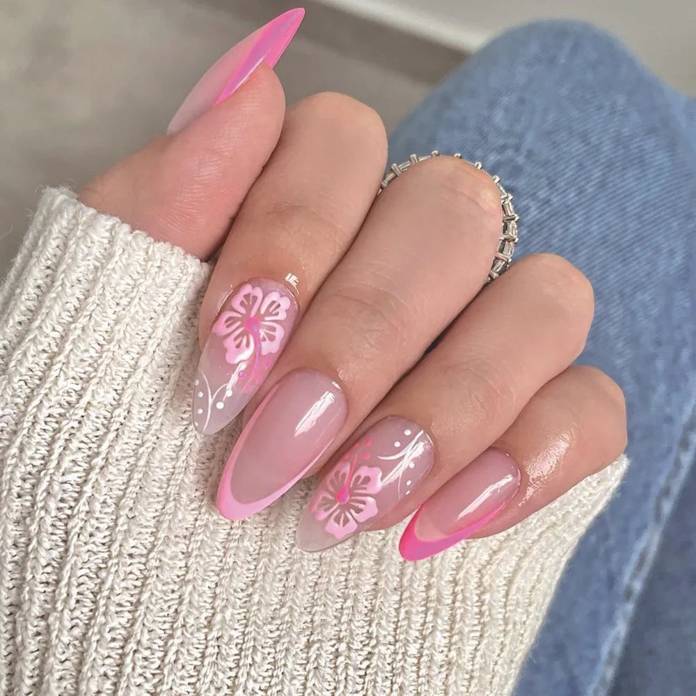 24Pcs Blush Pink False Nails White Flower Printed Short Round Head Press on Nails Sweet French Style Charms Manicure for Women